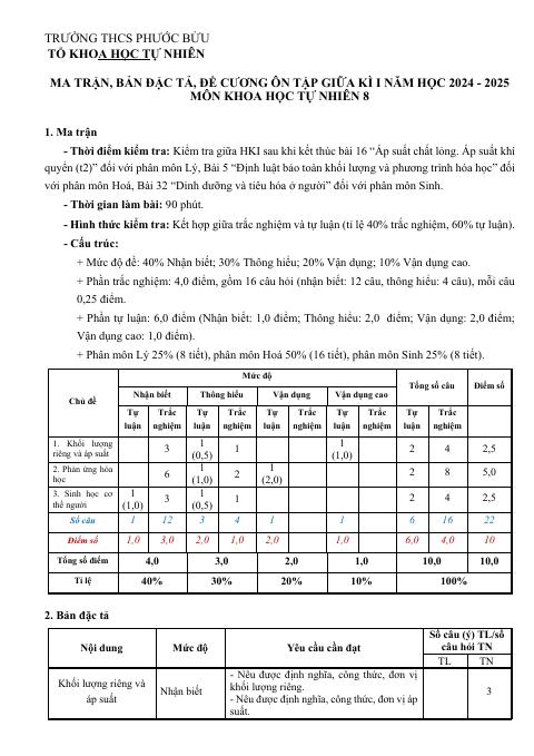 Đề thi Giữa kì 1 KHTN 8 năm 2024-2025 trường THCS Phước Bửu (Bà Rịa - Vũng Tàu)